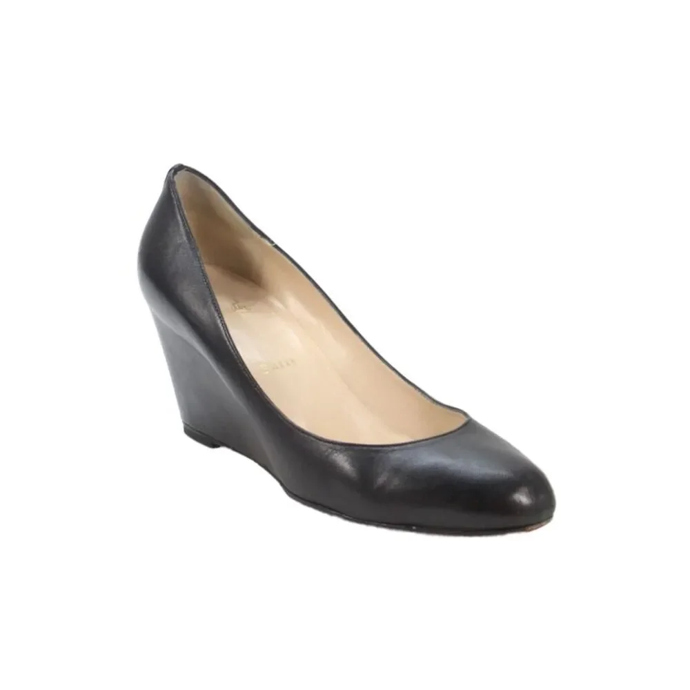 Christian Louboutin Womens Wedge Heel Leather Peep Toe Pumps Black Size 41